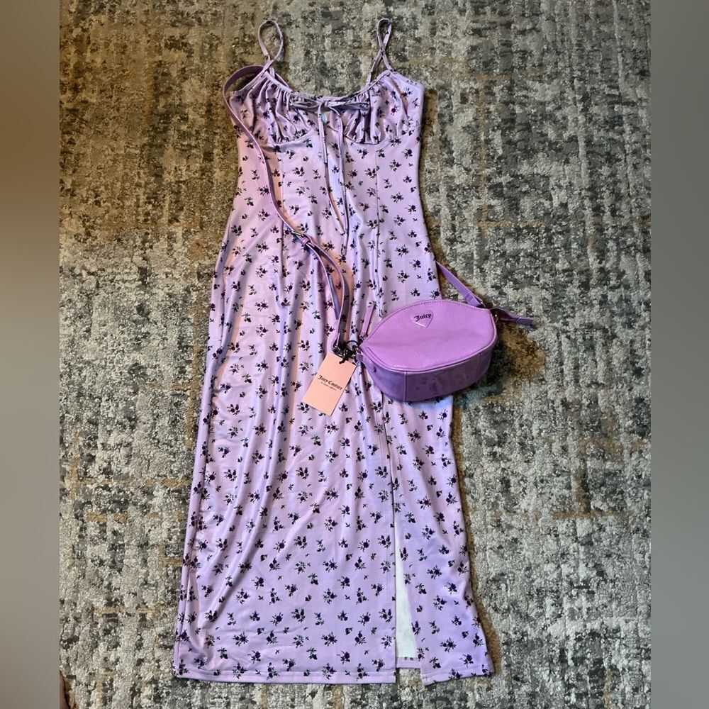 BUNDLE OF LAVENDER/FLORAL MIDI DRESS, SIZE L AND JUICY COUTURE CROSSBODY PURSE!